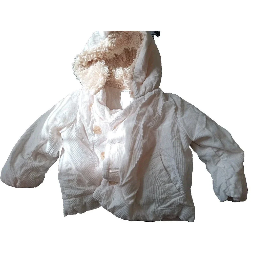 Baby Gap 6-12 Months White Corduroy Shepra Coat Hooded